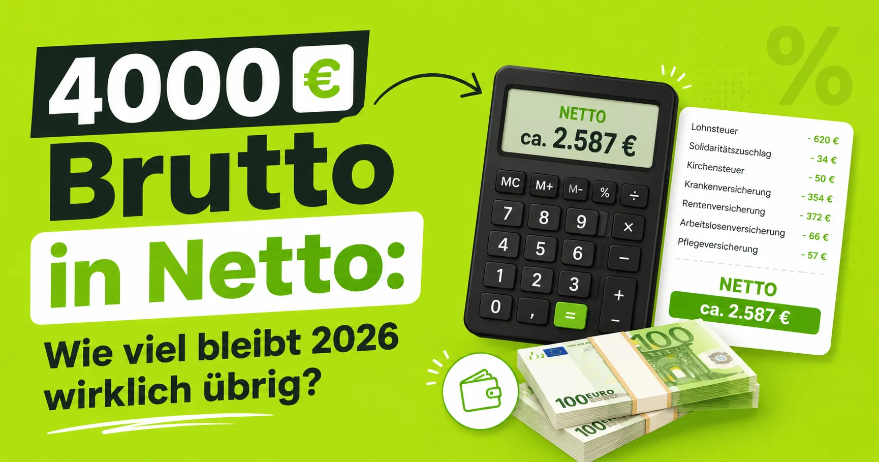 4000 Euro Brutto in Netto 2026 – Gehaltsrechner mit Berechnung von Nettogehalt, Steuern, Sozialabgaben und monatlichem Nettoverdienst in Deutschland