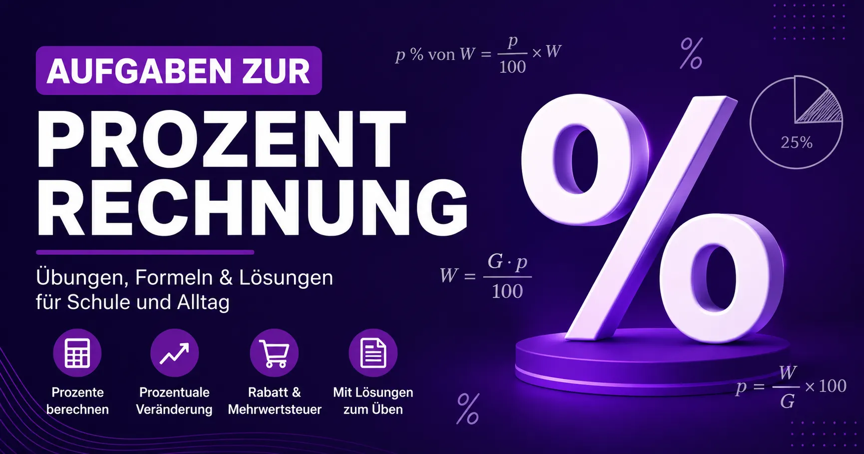 Aufgaben zur Prozentrechnung mit Formeln, Beispielen und Lösungen – Prozentzeichen auf lila Hintergrund für Mathematikunterricht und Prozentrechnung lernen