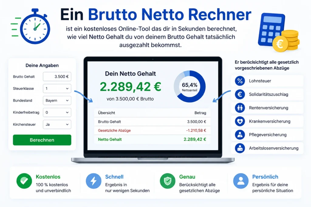 Brutto Netto Rechner infographic showing gross-to-net salary calculation in Germany, including income tax, solidarity surcharge, pension insurance, health insurance, long-term care insurance, and unemployment insurance deductions."