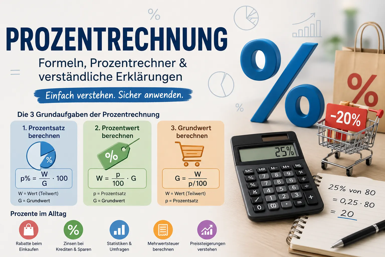 Illustration zur Prozentrechnung mit großem Prozentzeichen, Taschenrechner, Einkaufswagen und den wichtigsten Formeln zur Berechnung von Prozentsatz, Prozentwert und Grundwert.