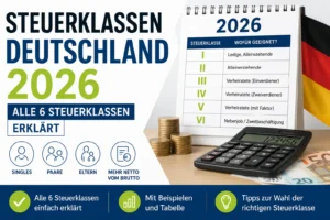 Steuerklassen Deutschland 2026 Infografik mit Übersicht aller sechs Steuerklassen, Steuerklassen-Tabelle, Taschenrechner und Tipps zur Wahl der richtigen Steuerklasse in Deutschland