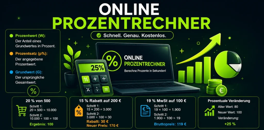 Online Prozentrechner mit Prozentformeln, Rabattberechnung, Mehrwertsteuer-Rechner und prozentualer Veränderung auf Laptop und Taschenrechner zur schnellen Prozentberechnung.